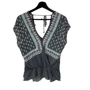 Free People Grey Surplice Peplum Short Sleeve Print Top Small